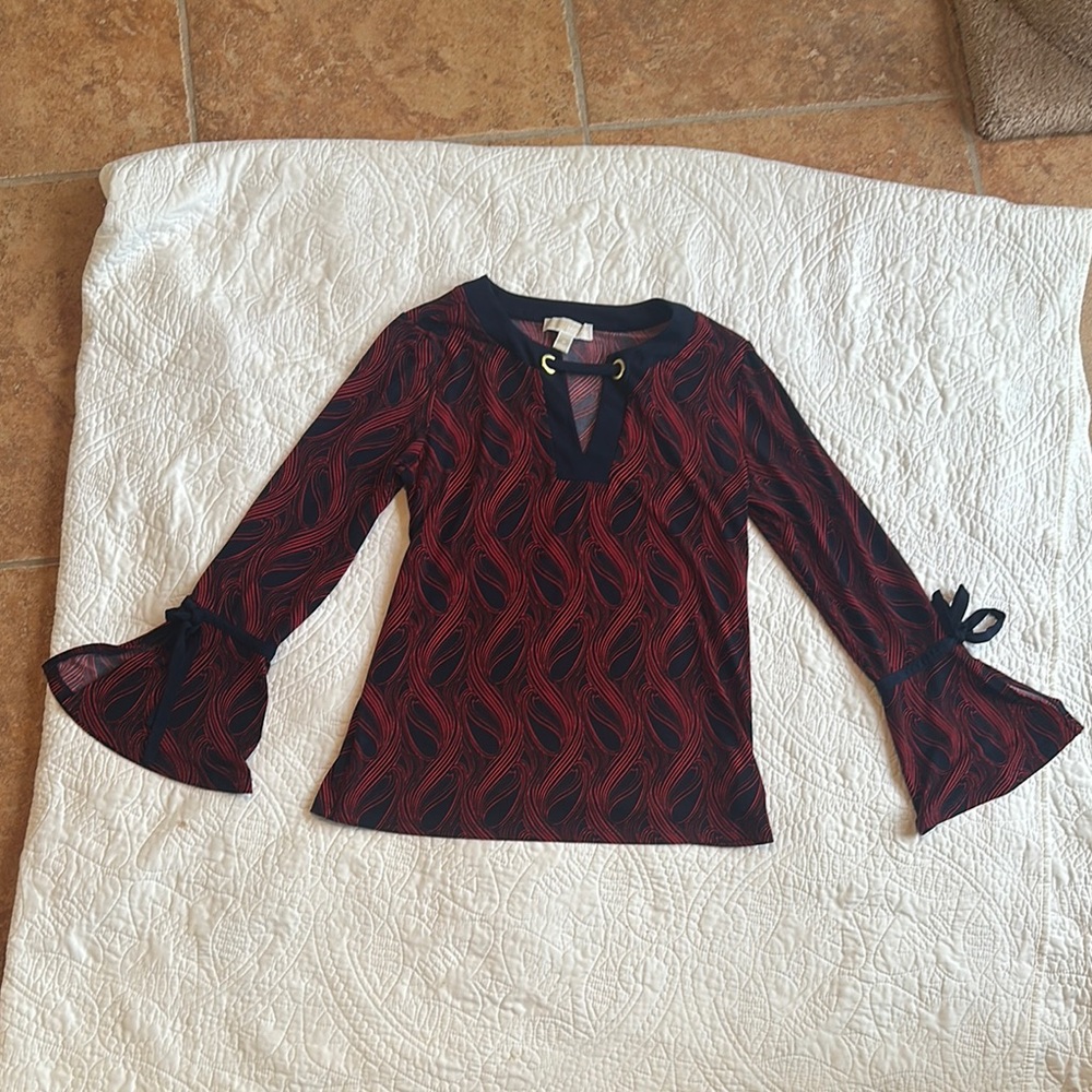 Michael Kors Top Tunic Size M Red & Blue Long Bell Sleeve